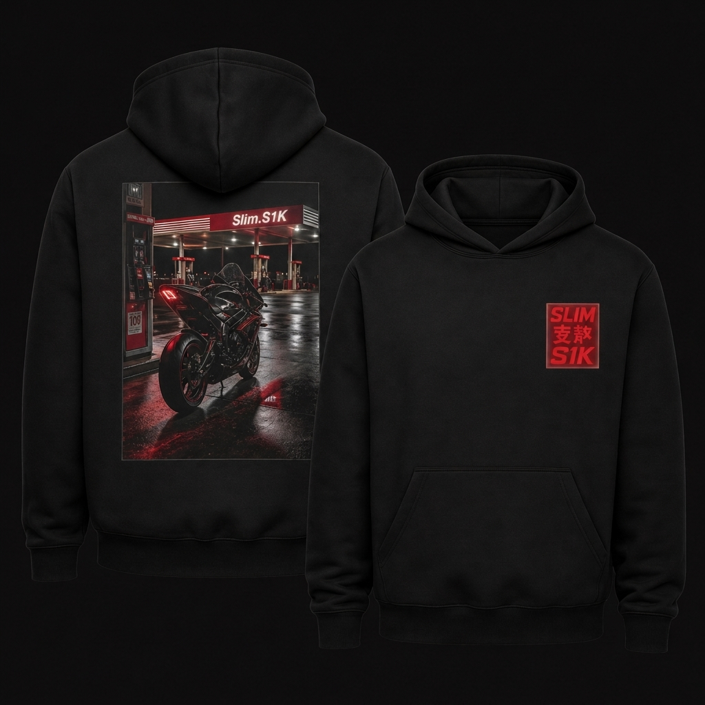 Fuel Stop hoodie — front and back view with glowing red patches